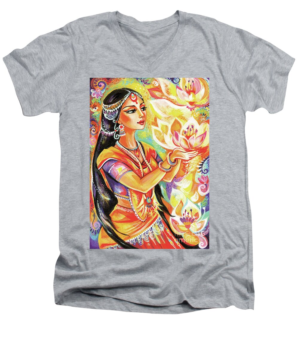 Indian Goddess Men's V-Neck T-Shirt featuring the painting Pray of the Lotus River by Eva Campbell