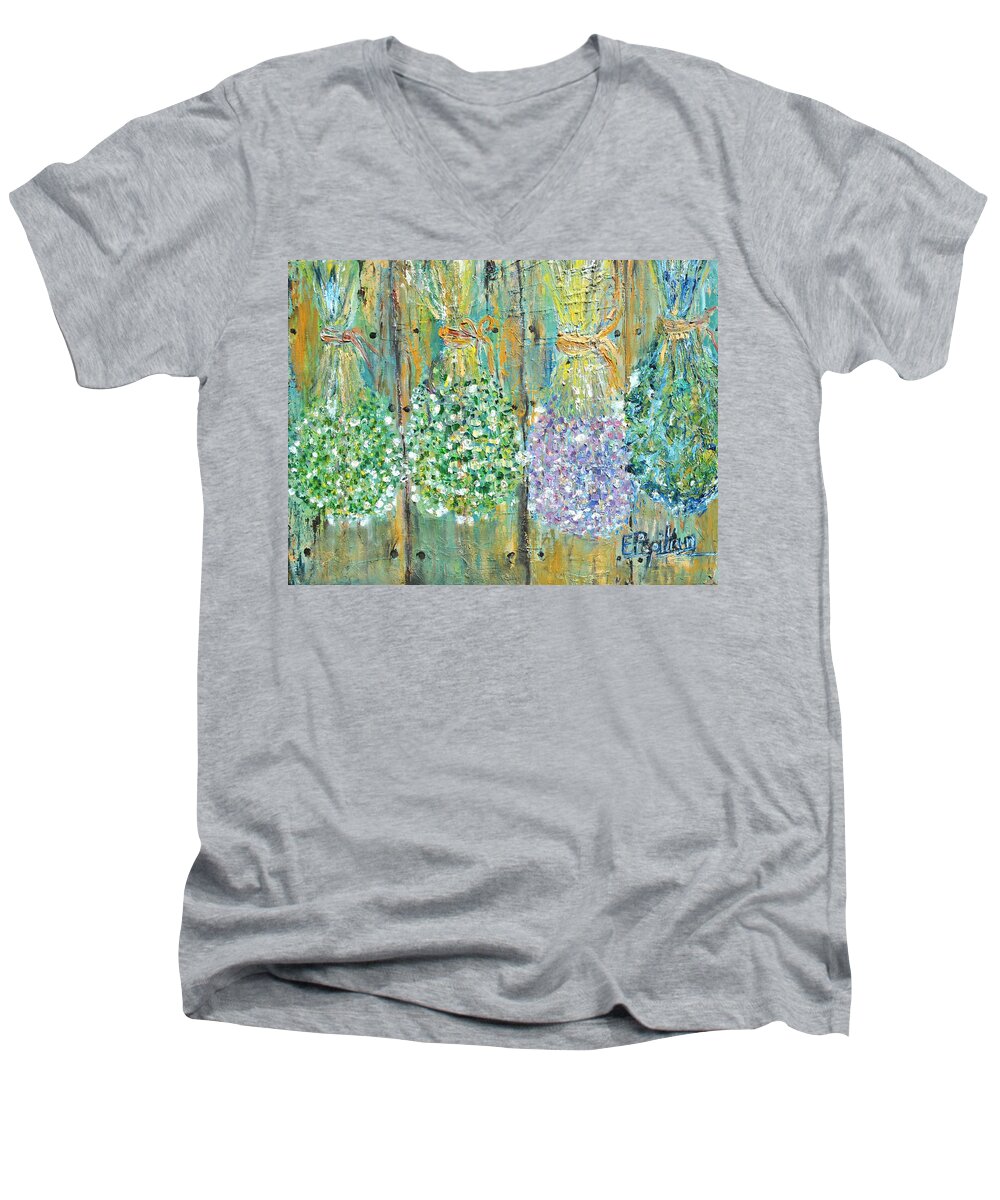 Lavender Men's V-Neck T-Shirt featuring the painting Preserved Herbs by Evelina Popilian