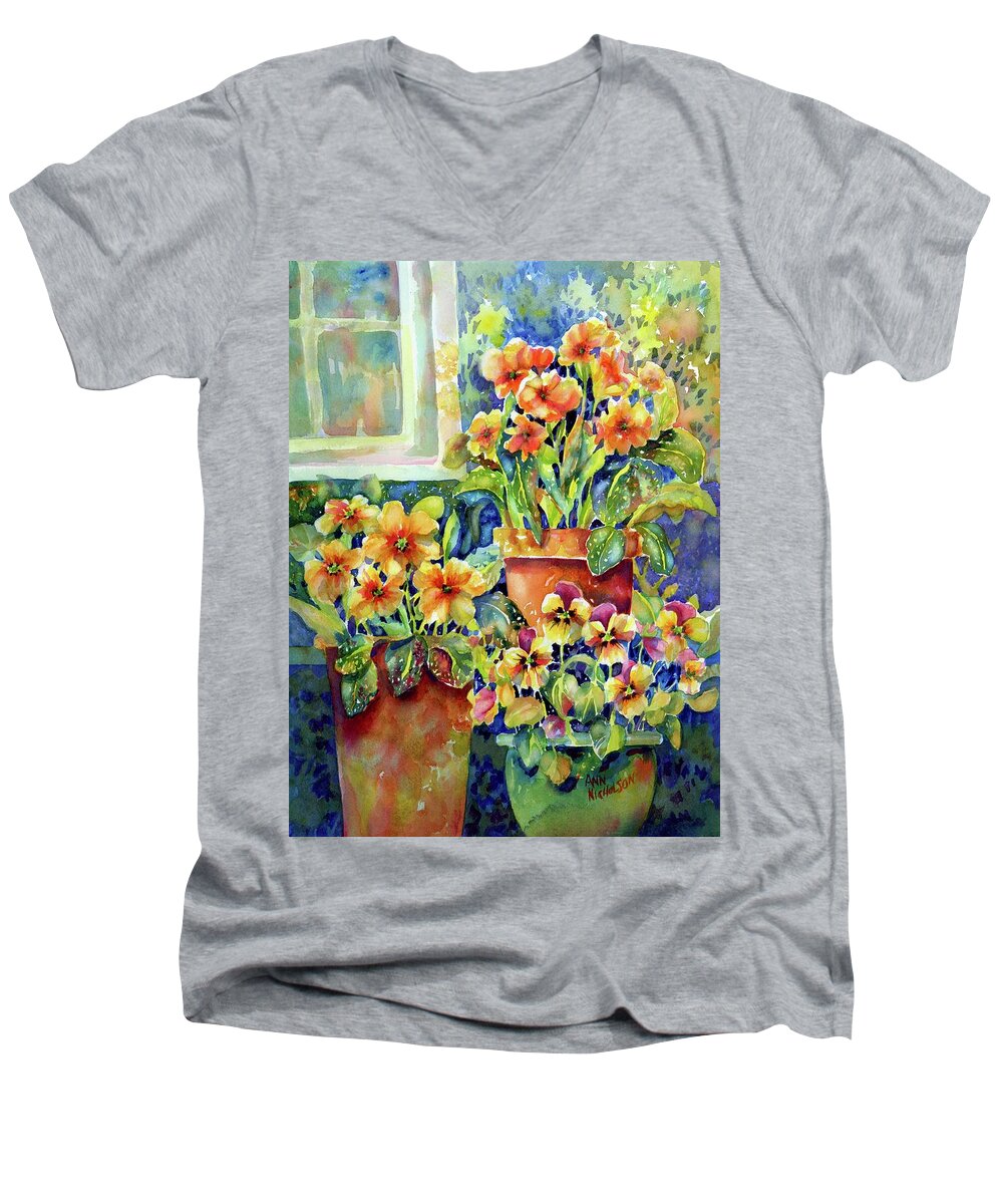 Watercolor Painting Men's V-Neck T-Shirt featuring the painting Primroses and Pansies II by Ann Nicholson
