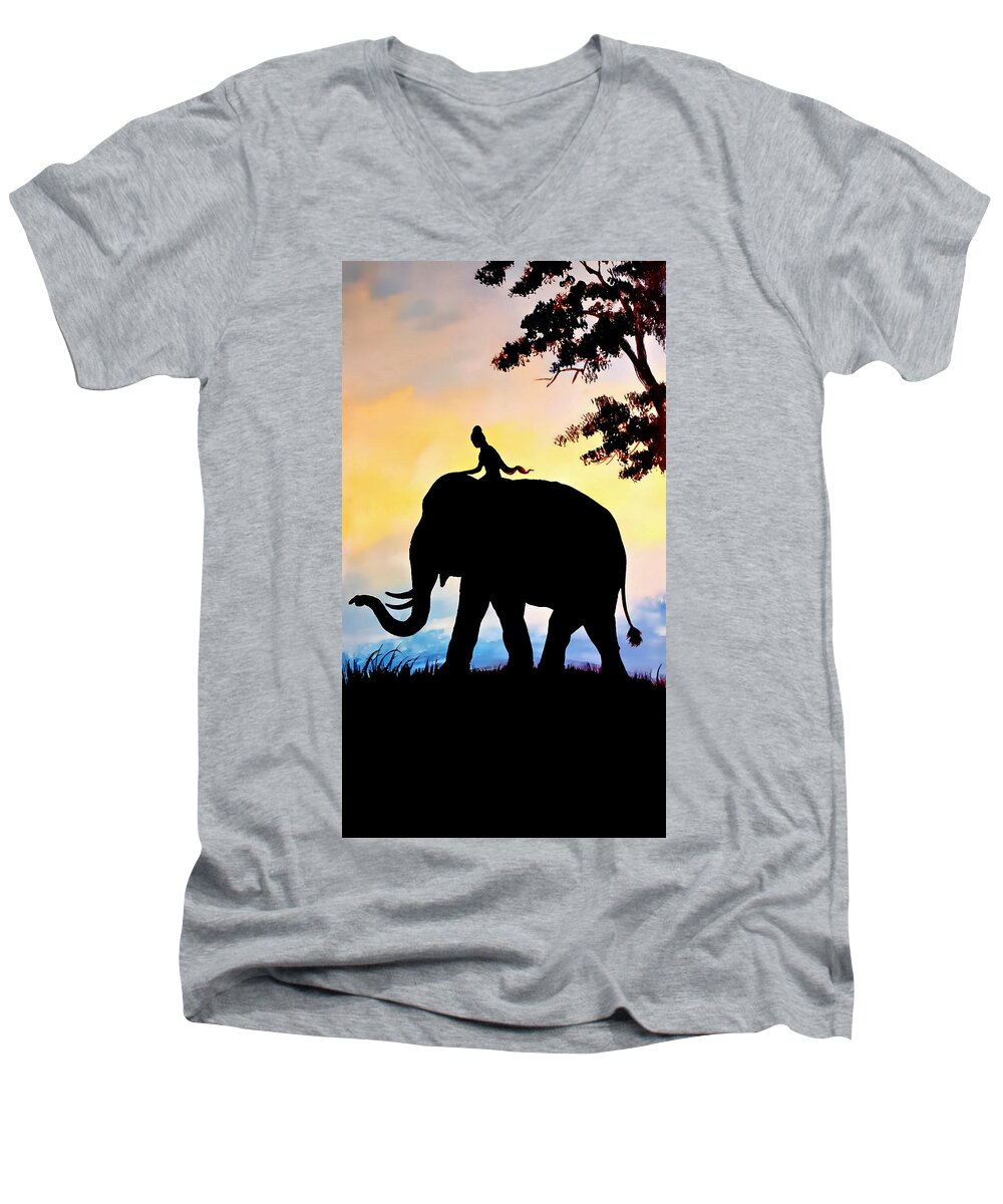 Elephant Men's V-Neck T-Shirt featuring the painting Princess And The Elephant - Old Siam by Ian Gledhill