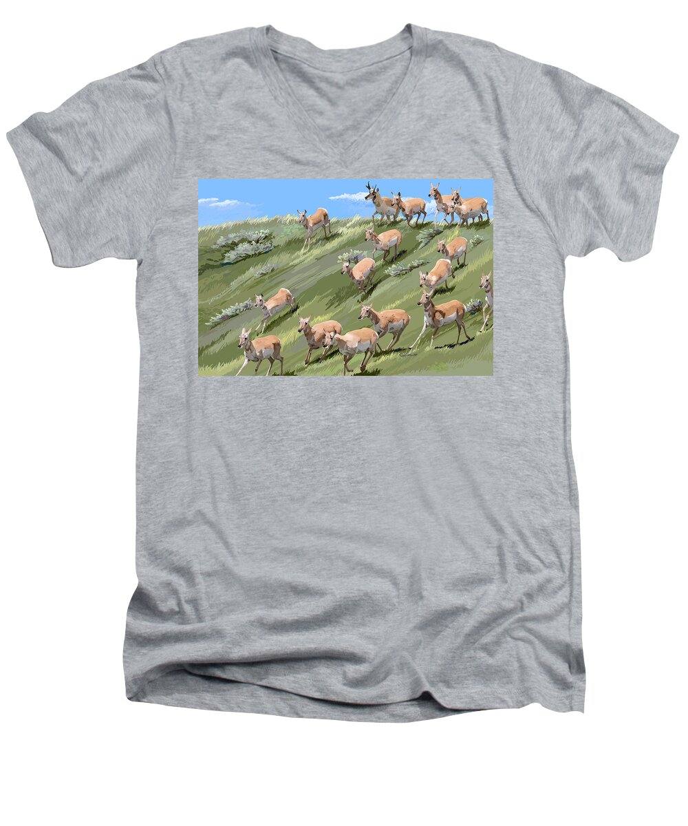 Animals Men's V-Neck T-Shirt featuring the painting Pronghorn Promenade by Pam Little