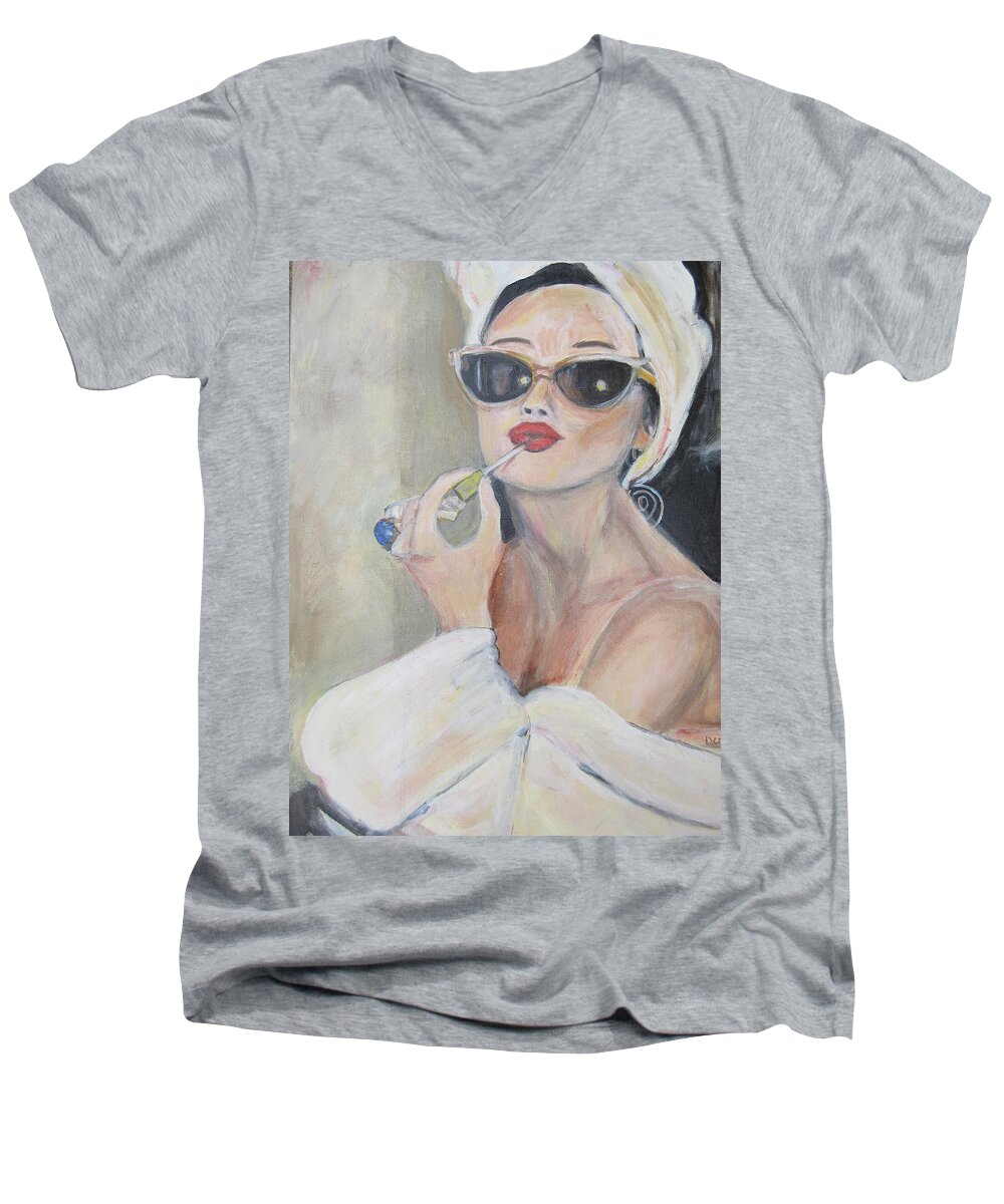Woman Men's V-Neck T-Shirt featuring the painting Pucker Up by Denice Palanuk Wilson