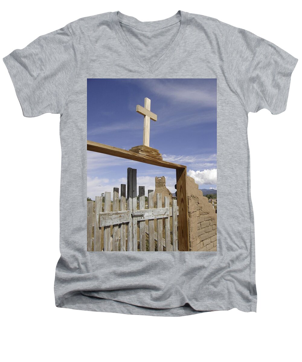 Western Men's V-Neck T-Shirt featuring the photograph Pueblo Cross by Mary Rogers