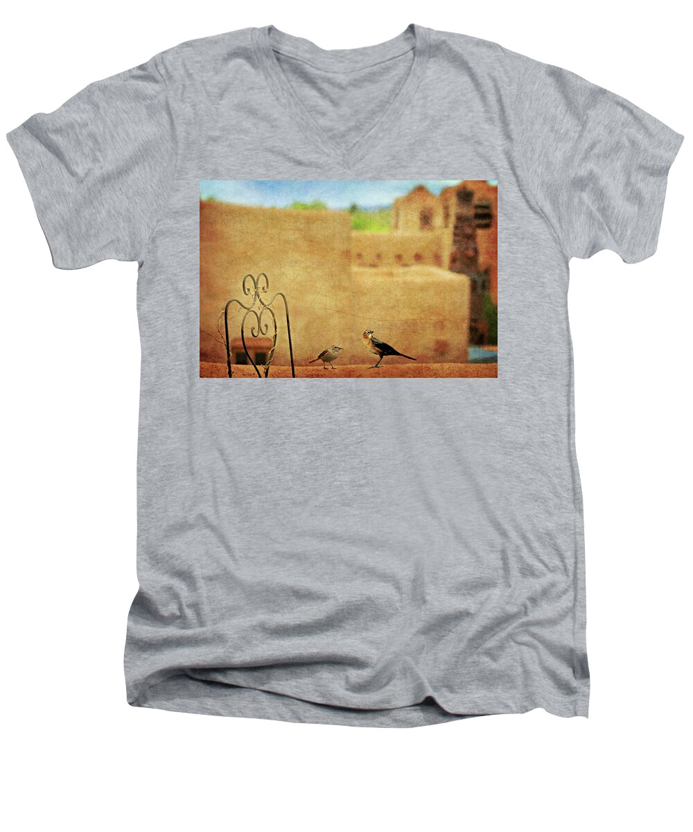 Santa Fe New Mexico Men's V-Neck T-Shirt featuring the photograph Pueblo Village Settlers by Diana Angstadt