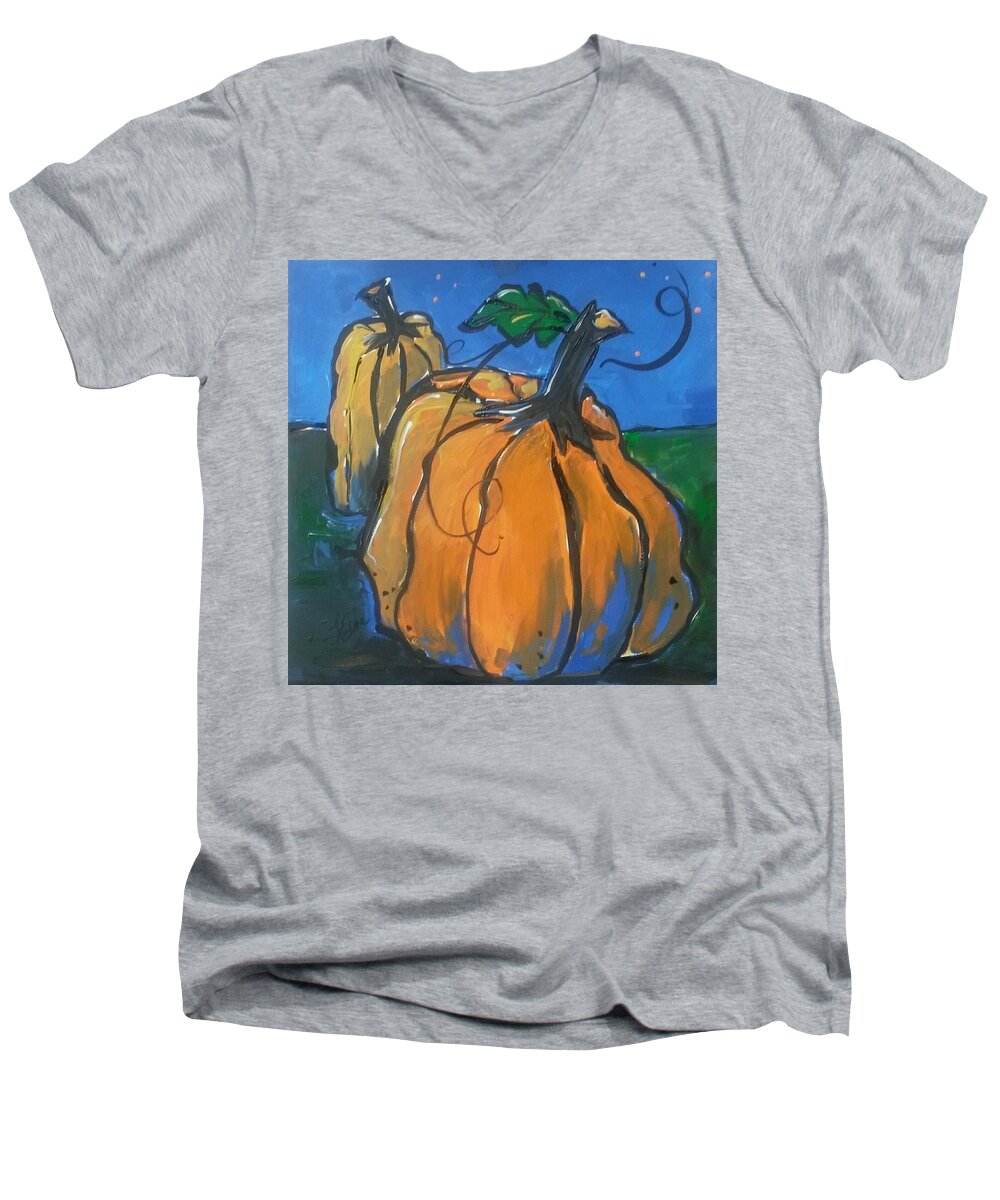 Pumpkin Men's V-Neck T-Shirt featuring the painting Pumpkins at Twilight by Terri Einer