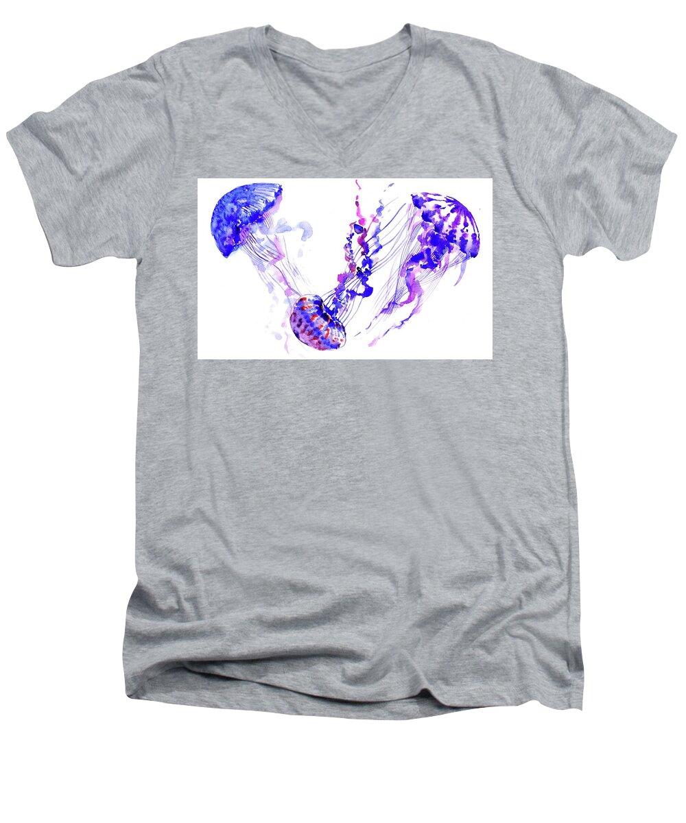 Jellyfish Men's V-Neck T-Shirt featuring the painting Purple BLue Jellyfish by Suren Nersisyan