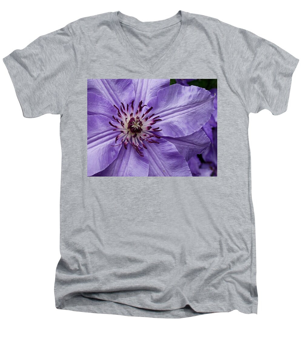 Flowers Men's V-Neck T-Shirt featuring the photograph Purple Clematis Blossom by Louis Dallara