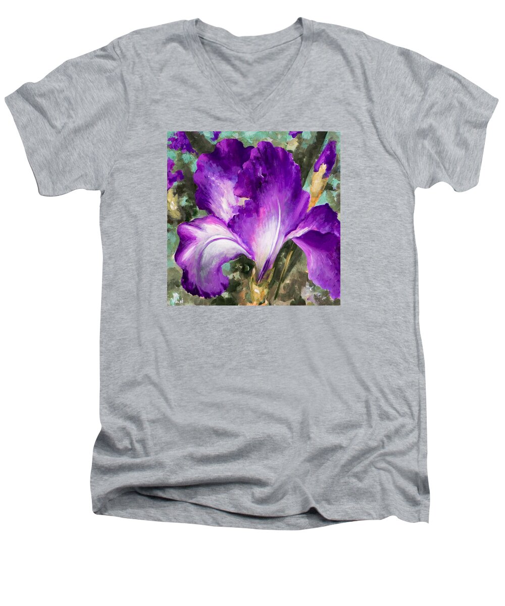 Purple Men's V-Neck T-Shirt featuring the painting Purple Iris by Vali Irina Ciobanu