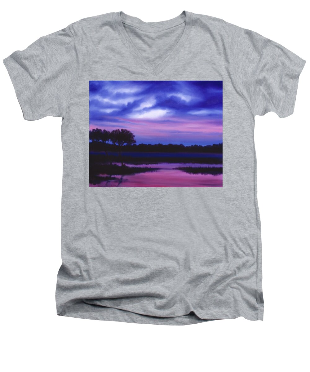Sunrise Men's V-Neck T-Shirt featuring the painting Purple Landscape or Jean's Clearing by James Hill