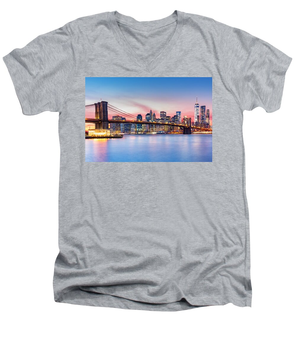 America Men's V-Neck T-Shirt featuring the photograph Purple NYC sunset by Mihai Andritoiu