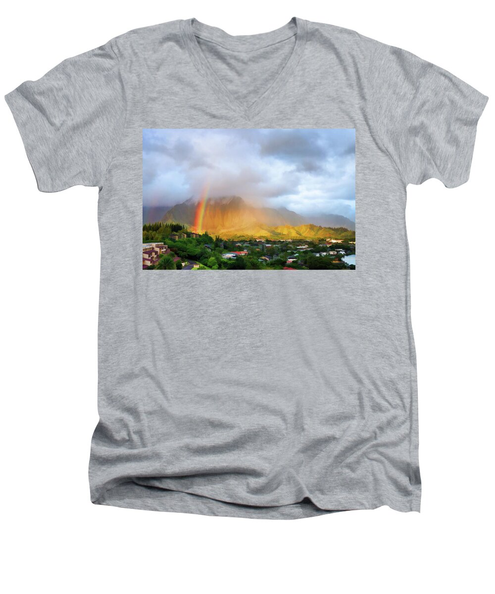 Hawaii Men's V-Neck T-Shirt featuring the photograph Puu Alii with Rainbow by Dan McManus