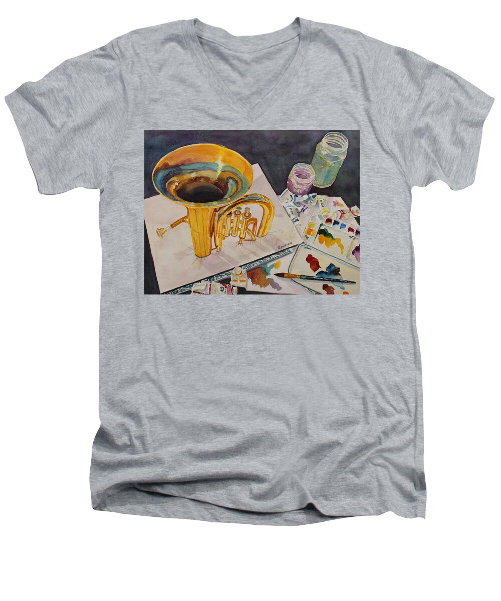 Surrealist Men's V-Neck T-Shirt featuring the painting Pygmalion Joins the Band by Jenny Armitage
