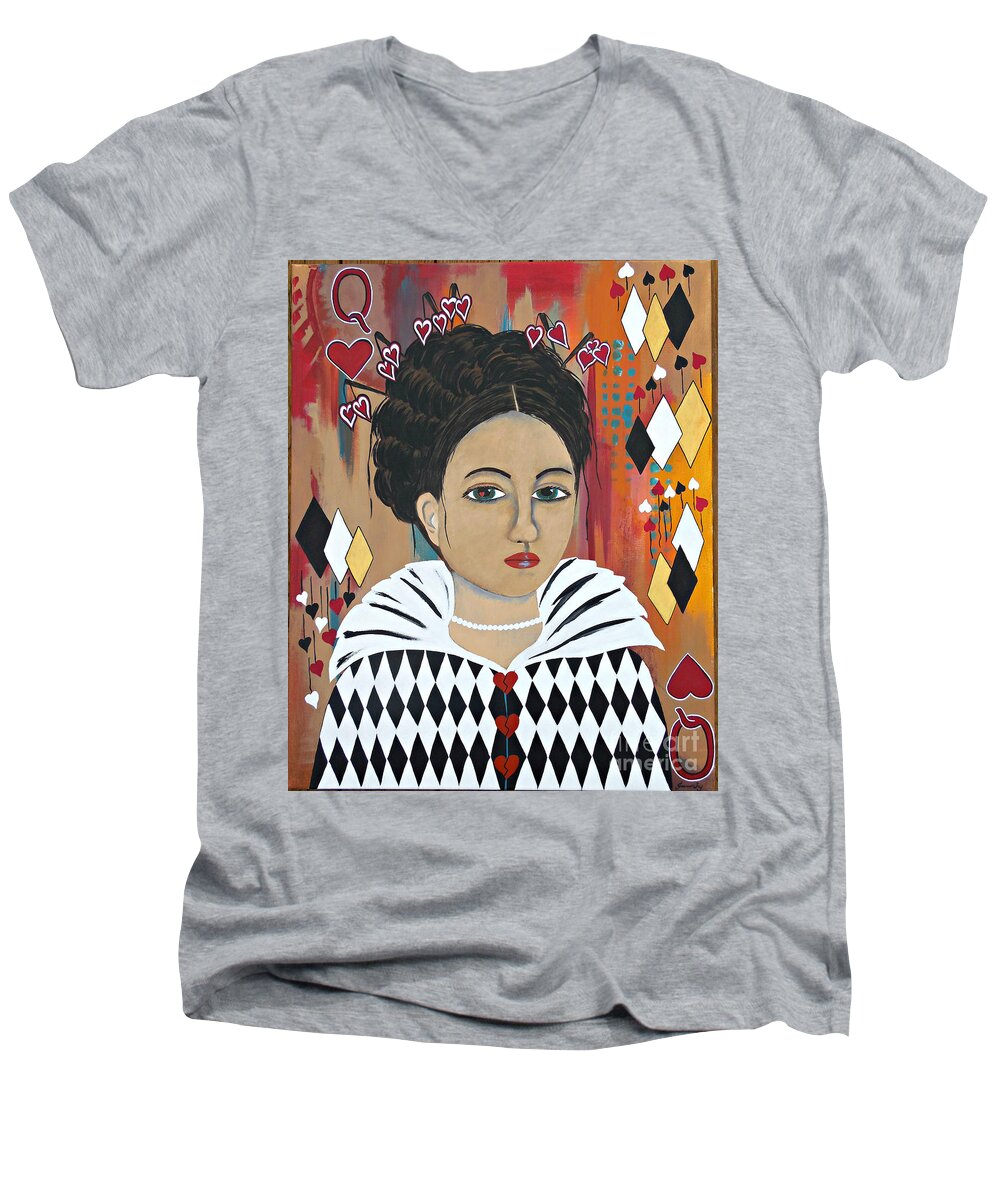 Queen Of Hearts Men's V-Neck T-Shirt featuring the painting Queen of Hearts by Jean Fry