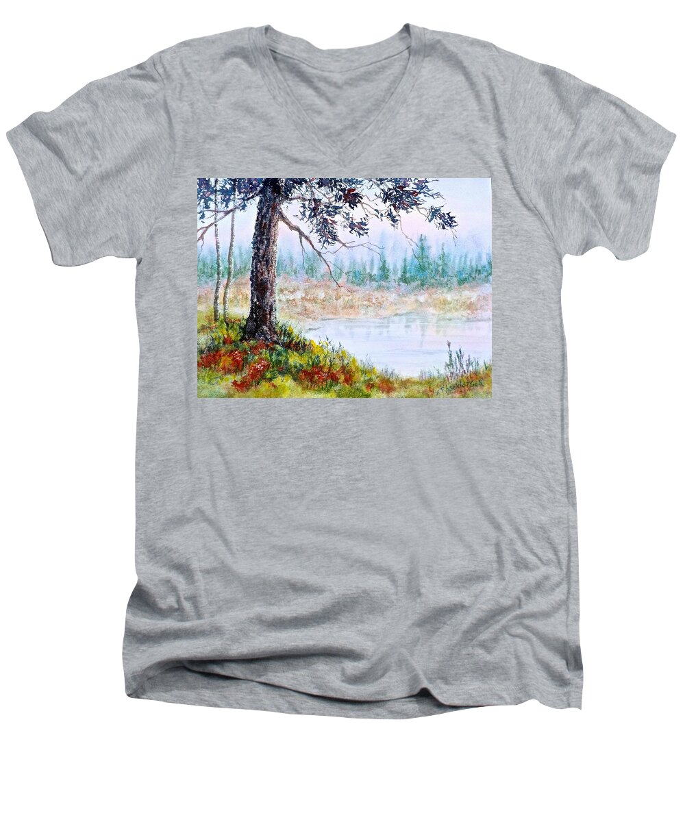 Watercolor Men's V-Neck T-Shirt featuring the painting Quiet Inlet by Carolyn Rosenberger
