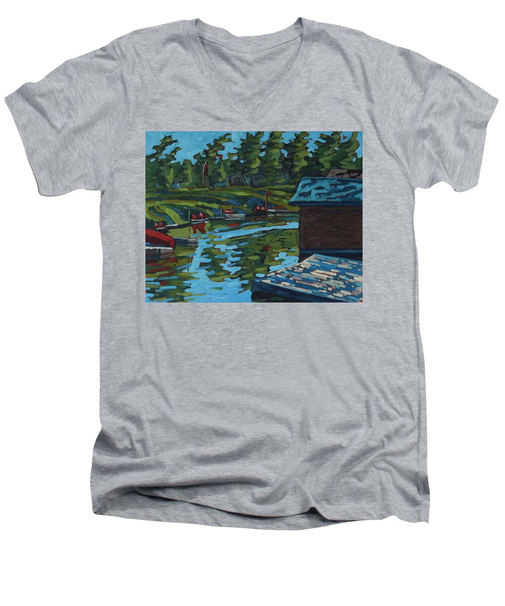 1946 Men's V-Neck T-Shirt featuring the painting Quiet Morning at Chaffeys by Phil Chadwick