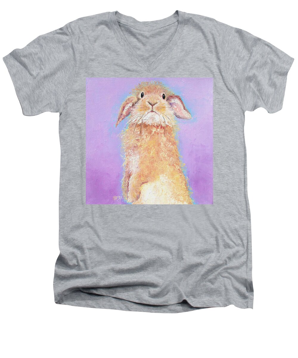 Bunny Men's V-Neck T-Shirt featuring the painting Rabbit Painting - Babu by Jan Matson