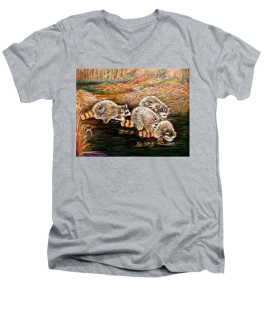 Raccoons Men's V-Neck T-Shirt featuring the painting Raccoons at Sunrise by Carol Allen Anfinsen