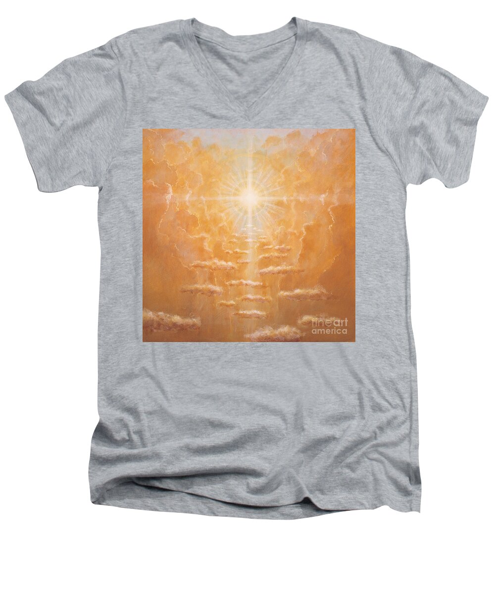 Sun; Sunlight; Rays; Cloud; Clouds; Sky; Bright; Sun Rays; Radiating;spirit; Spiritual; God; Cross; Light; Hope; God Men's V-Neck T-Shirt featuring the painting Radiance by Simon Cook