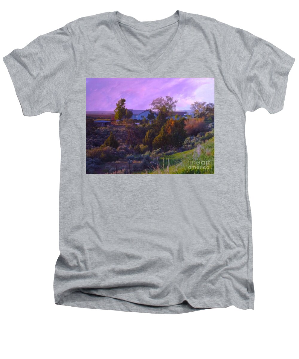 Rain Clouds Blow Away Over Modern Farm House Egnar Colorado Hwy 414 Men's V-Neck T-Shirt featuring the digital art Rain clouds Farm house Egnar Colorado by Annie Gibbons