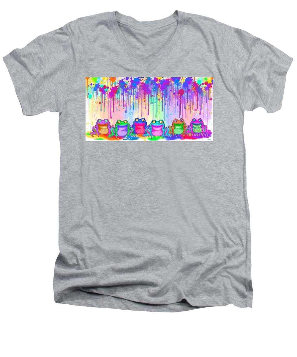 Frogs Men's V-Neck T-Shirt featuring the painting Rainbow of Painted Frogs by Nick Gustafson