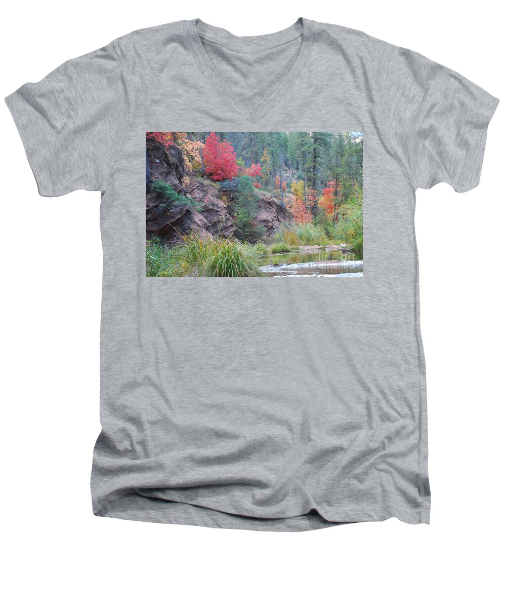 Sedona Men's V-Neck T-Shirt featuring the photograph Rainbow of the Season with River by Heather Kirk
