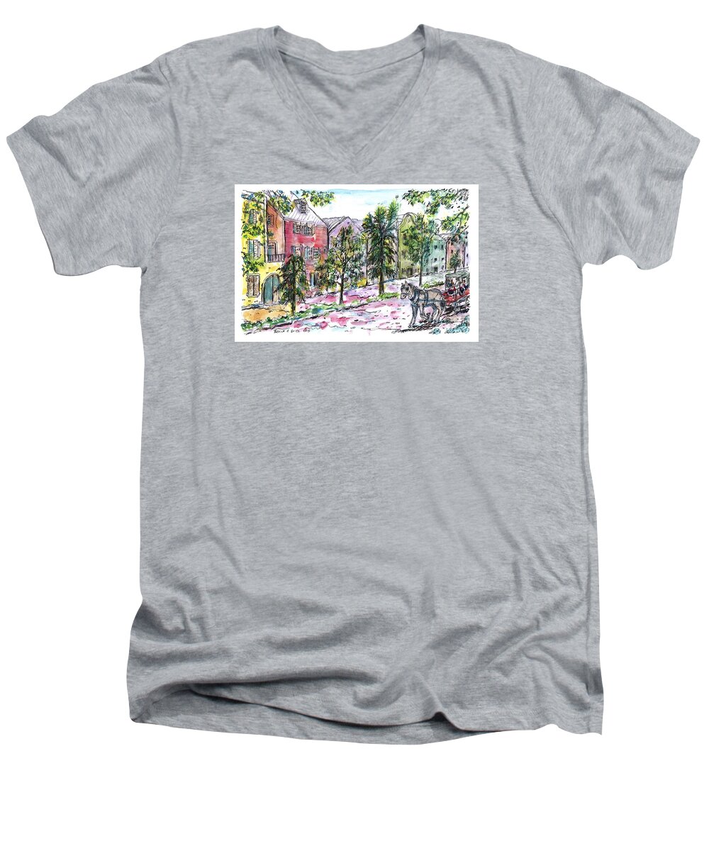 Charleston Men's V-Neck T-Shirt featuring the painting Rainbow Row by Patrick Grills