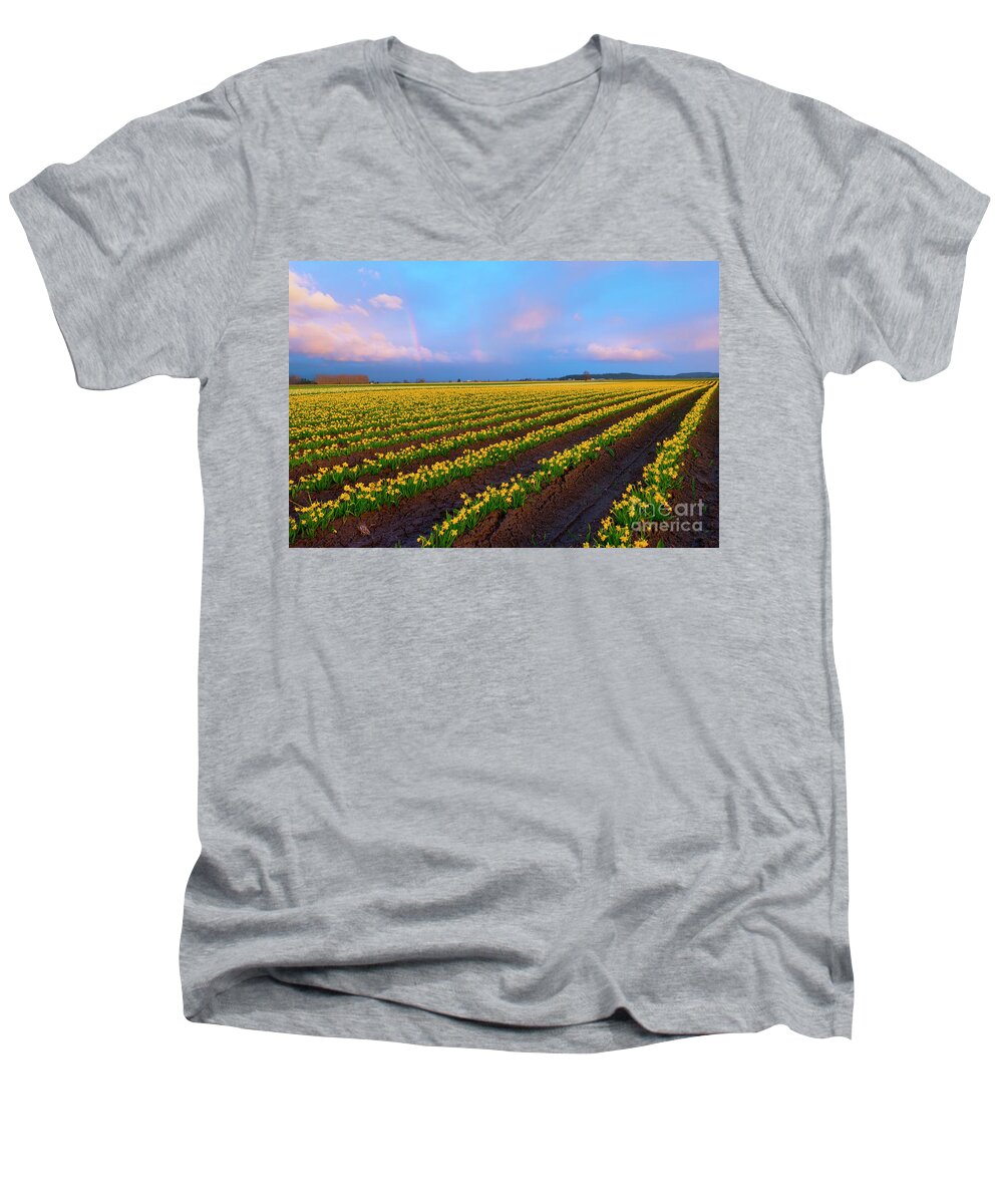 Daffodils Men's V-Neck T-Shirt featuring the photograph Rainbows, Daffodils and Sunset by Michael Dawson