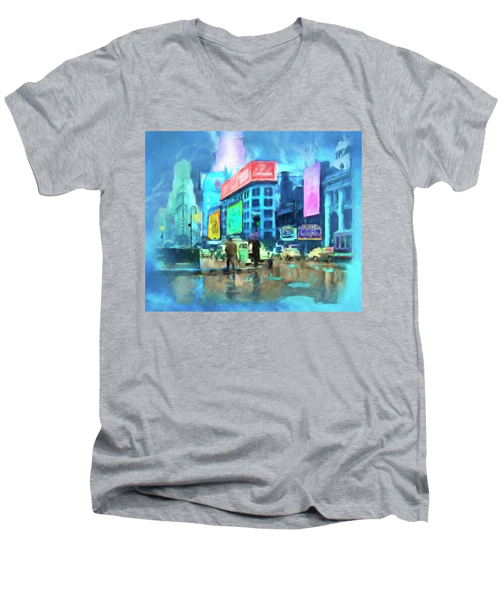 New York City Men's V-Neck T-Shirt featuring the painting Rainy Night In New York by Michael Cleere
