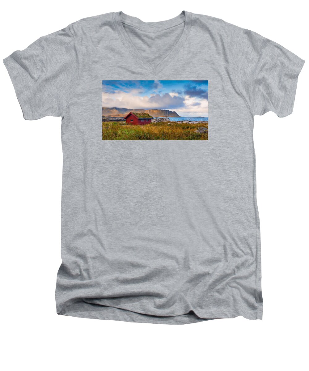 Autumn Men's V-Neck T-Shirt featuring the photograph Ramberg Hut by James Billings