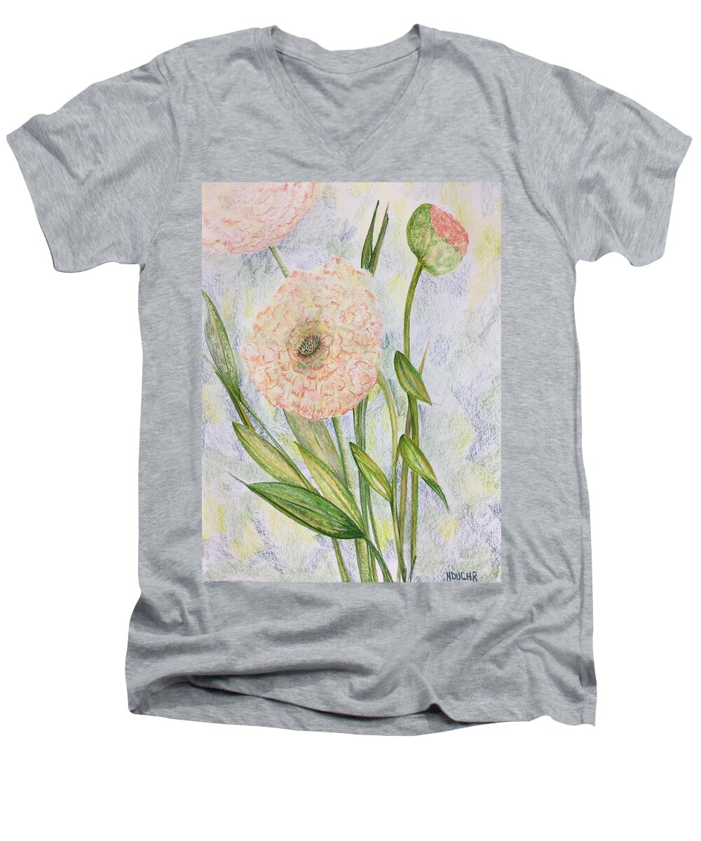 Flower Men's V-Neck T-Shirt featuring the drawing Ranunculus by Norma Duch