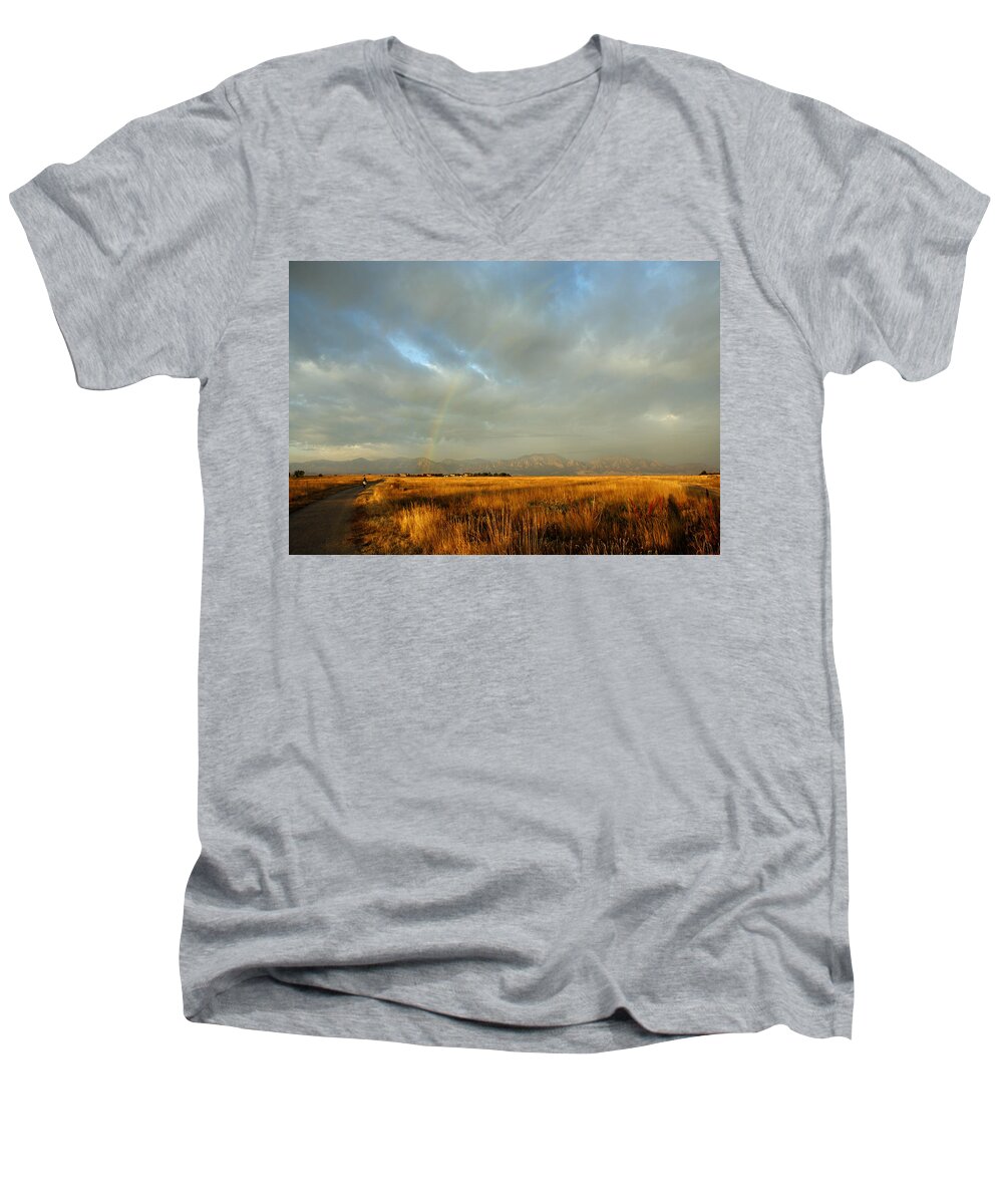Rain Men's V-Neck T-Shirt featuring the photograph rare Morning Rainbow by Marilyn Hunt