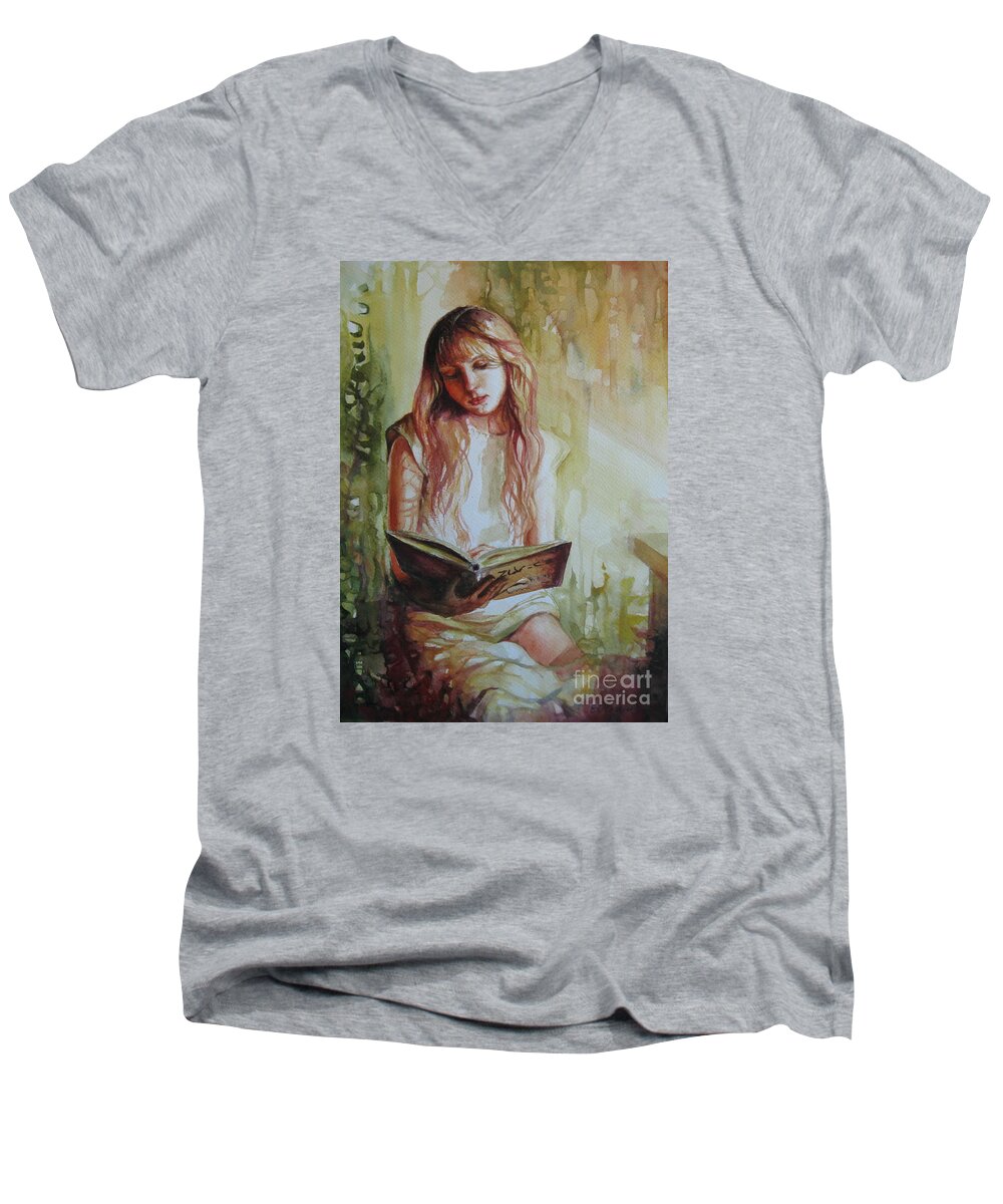 Girl Men's V-Neck T-Shirt featuring the painting Reading by Elena Oleniuc
