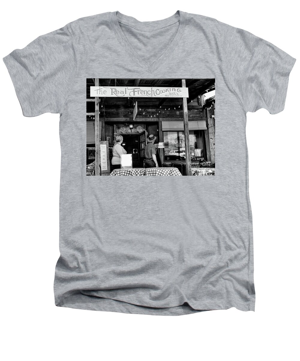 Breaux Bridge Men's V-Neck T-Shirt featuring the photograph Real French Cooking Louisiana Restaurant by Chuck Kuhn