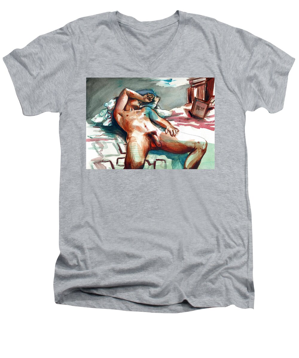 Nude Male Men's V-Neck T-Shirt featuring the painting Nude Reclined Male Figure by Rene Capone