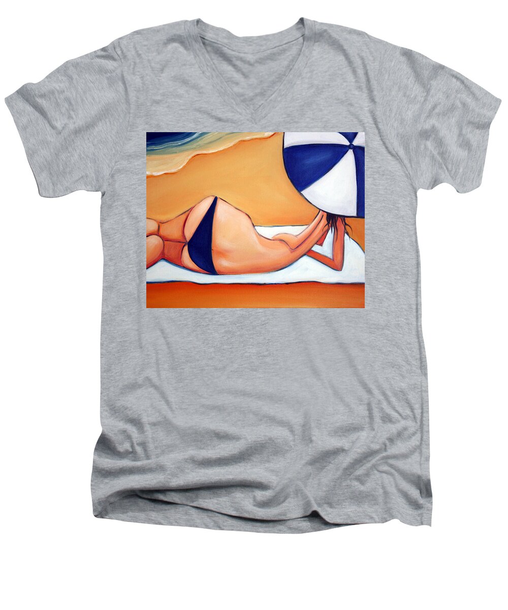 Beach Men's V-Neck T-Shirt featuring the painting Reclining at Manly by Leanne Wilkes
