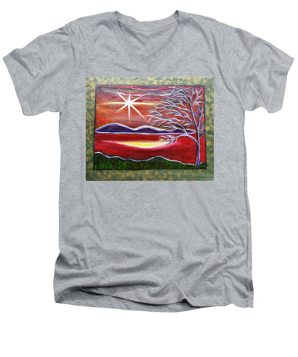 Goldart Men's V-Neck T-Shirt featuring the painting Red Abstract Landscape with Gold embossed sides by Manjiri Kanvinde