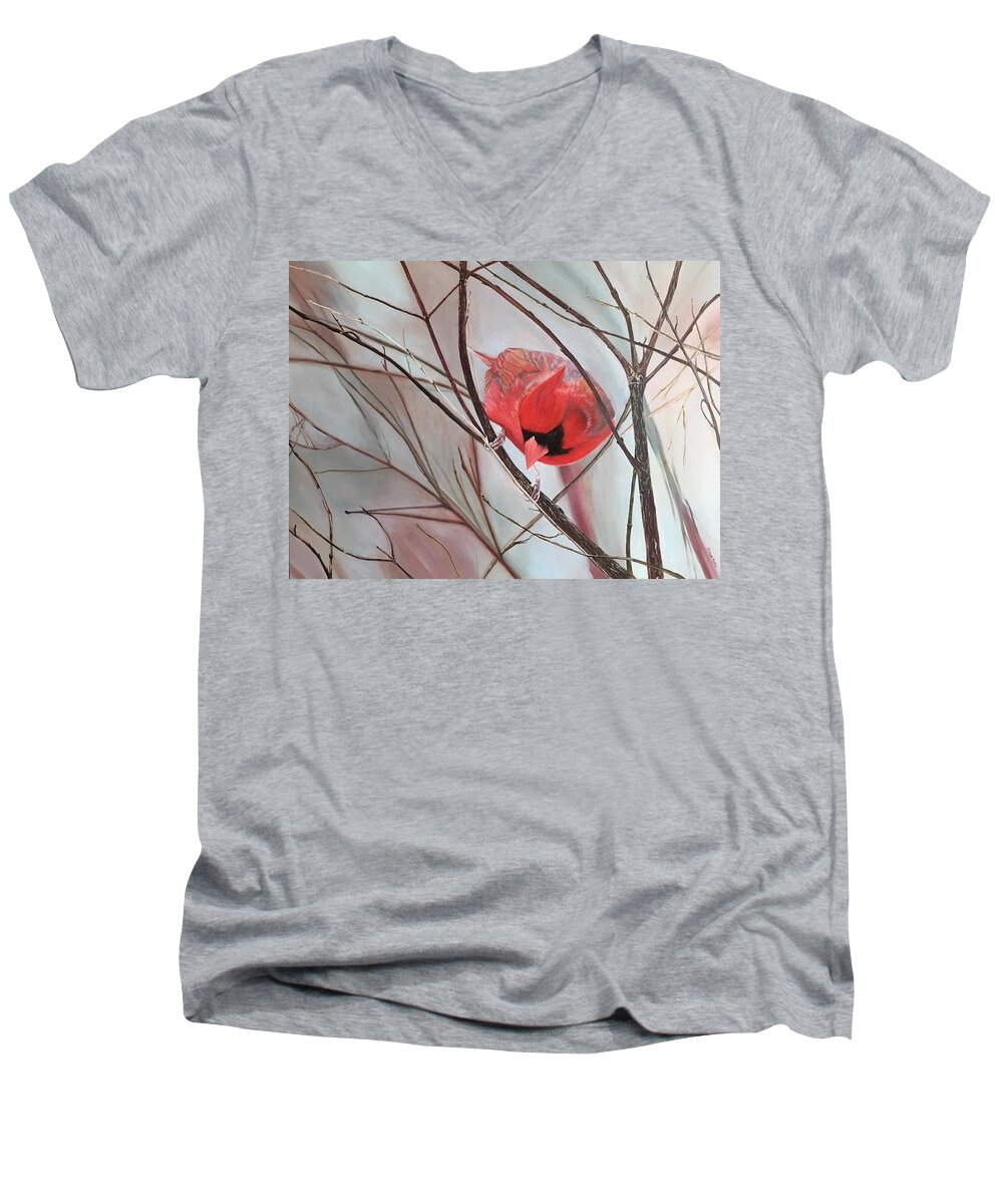 #cardinal #red #bird #feathers #nature #wildlife #landscape #trees #tree #snow #winter #birds #black #naturally #wild #canada Men's V-Neck T-Shirt featuring the painting Red Alert by Stella Marin