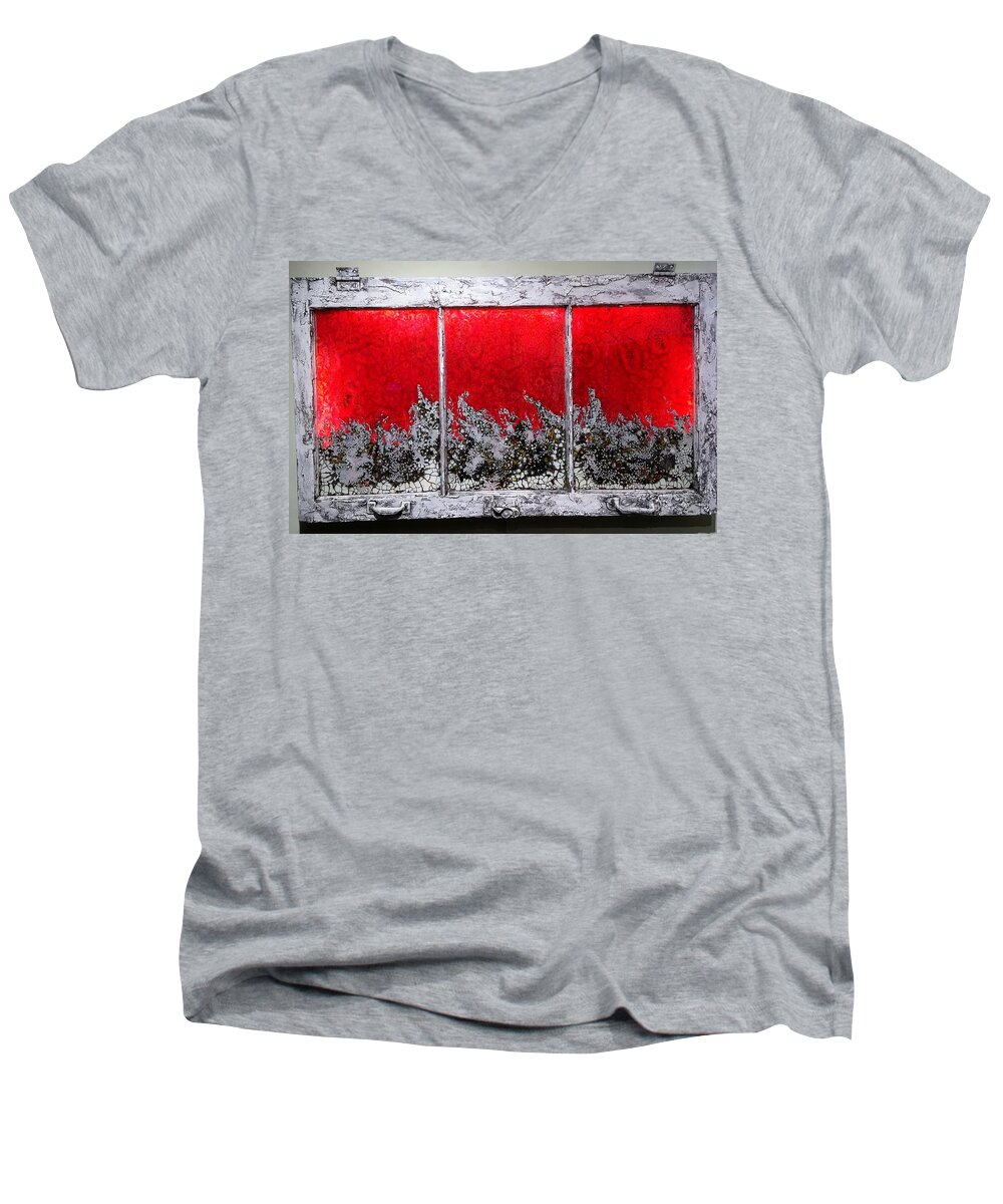 Old Window Men's V-Neck T-Shirt featuring the mixed media Red and White Window # 1 by Christopher Schranck