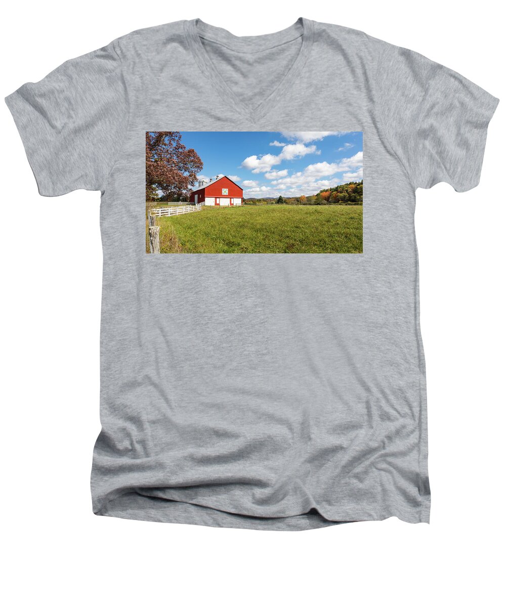 Photosbymch Men's V-Neck T-Shirt featuring the photograph Red Barn in Green Bank by M C Hood