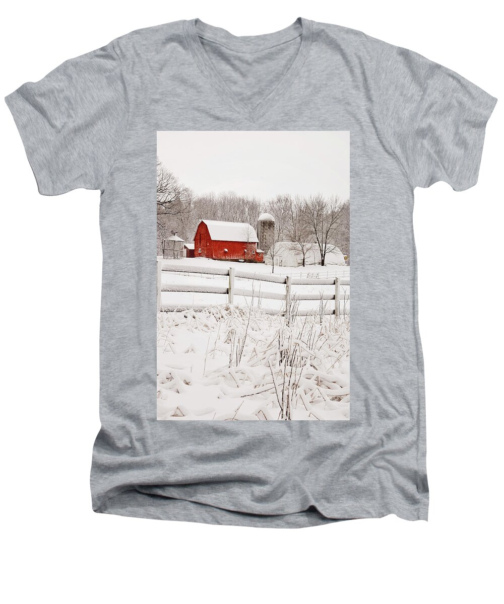 Michigan Men's V-Neck T-Shirt featuring the photograph Red Barn in Winter by Jill Love