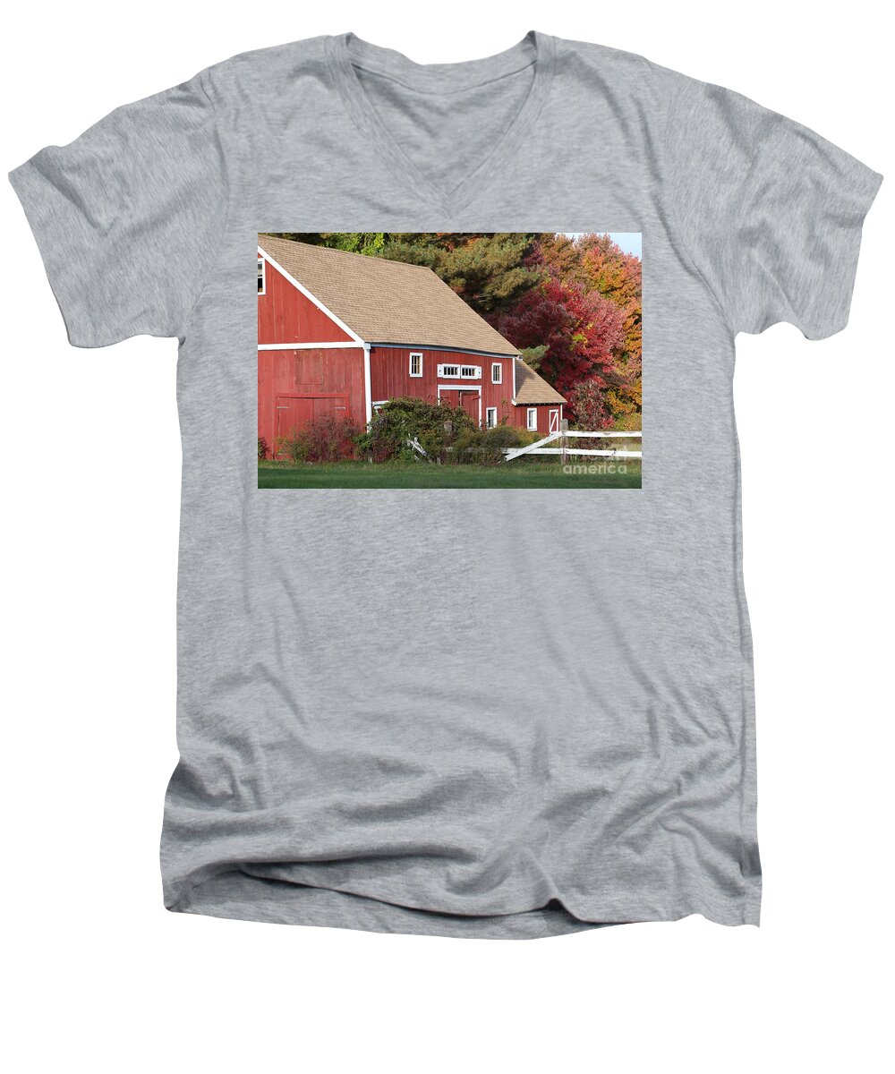 Red Barn Men's V-Neck T-Shirt featuring the photograph Red Barn by Jim Gillen