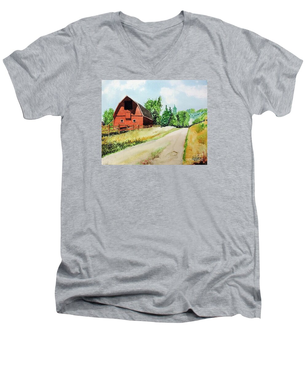 Barn Men's V-Neck T-Shirt featuring the painting Red Barn Near Steamboat Springs by Tom Riggs