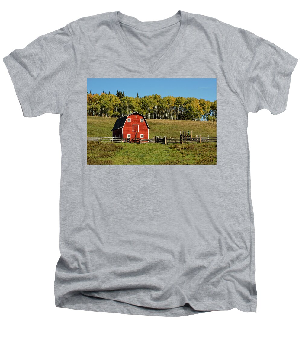 Sky Men's V-Neck T-Shirt featuring the photograph Red barn on the hill by Celine Pollard
