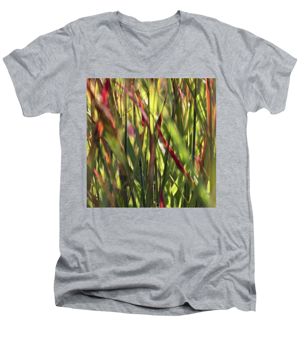 Red Blades Men's V-Neck T-Shirt featuring the photograph Red Blades Among the Green - by Julie Weber