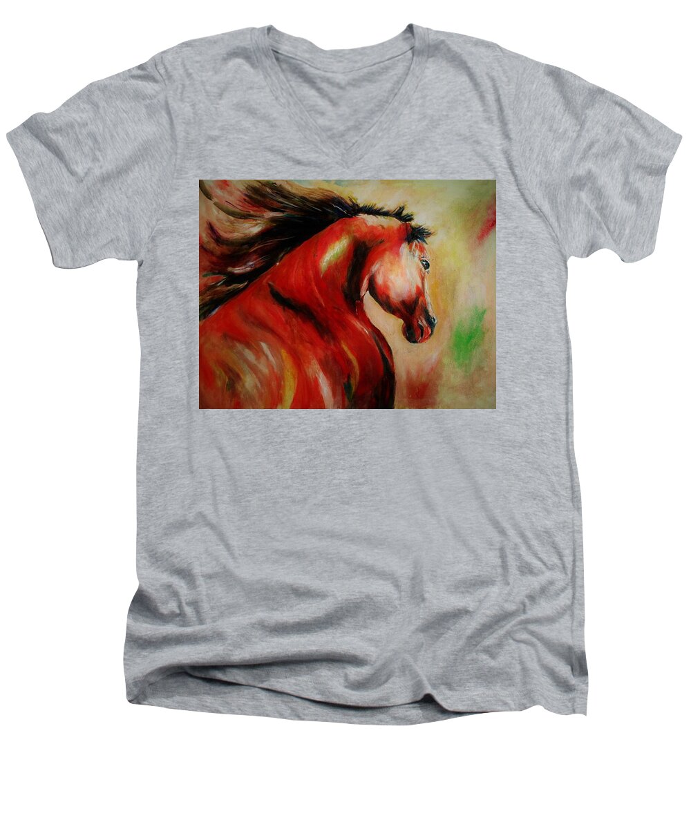 Horse Men's V-Neck T-Shirt featuring the painting Red breed by Khalid Saeed