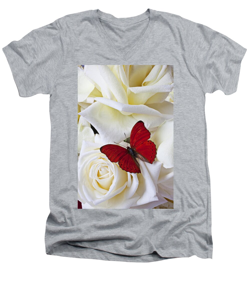 Red Men's V-Neck T-Shirt featuring the photograph Red butterfly on white roses by Garry Gay