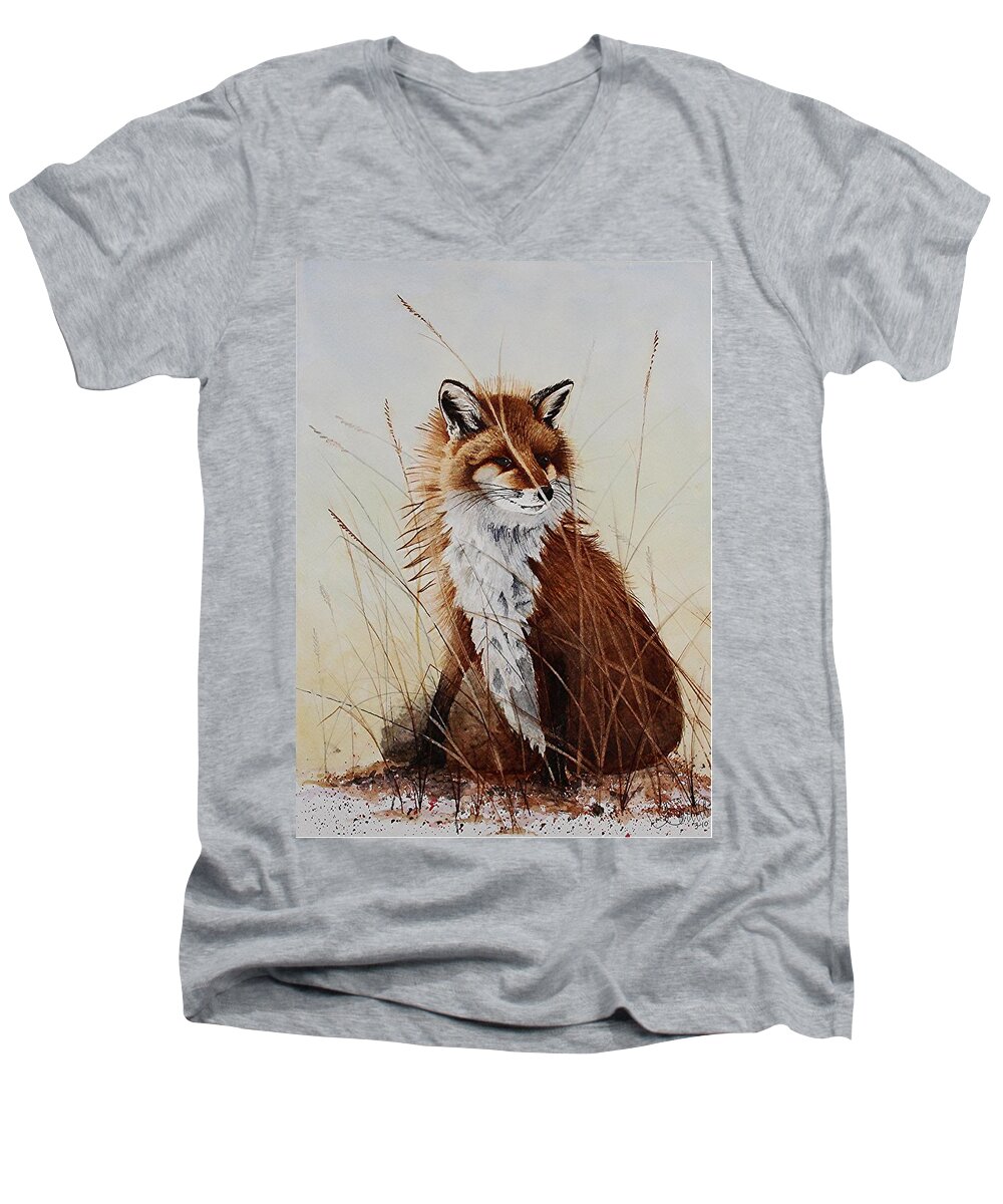 Wildlife Men's V-Neck T-Shirt featuring the painting Red Fox Waiting on Breakfast by Jimmy Smith