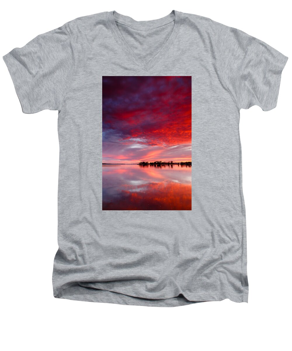 Sunrise Men's V-Neck T-Shirt featuring the photograph Red Morning by Robert Caddy
