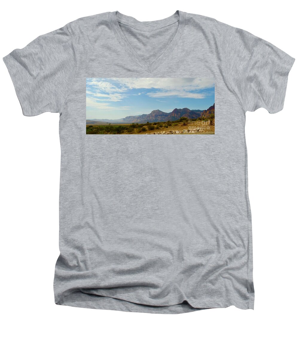 Red Rock Canyon Men's V-Neck T-Shirt featuring the photograph Red rock Morning Panorama by Craig Wood
