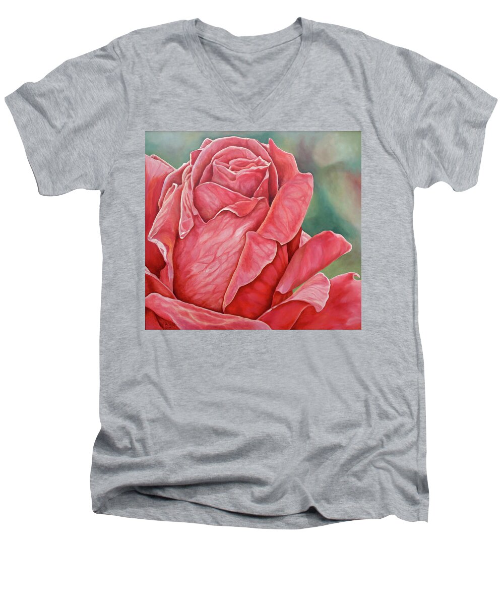 Oil Painting Men's V-Neck T-Shirt featuring the painting Red Rose 93 by Steven Ward
